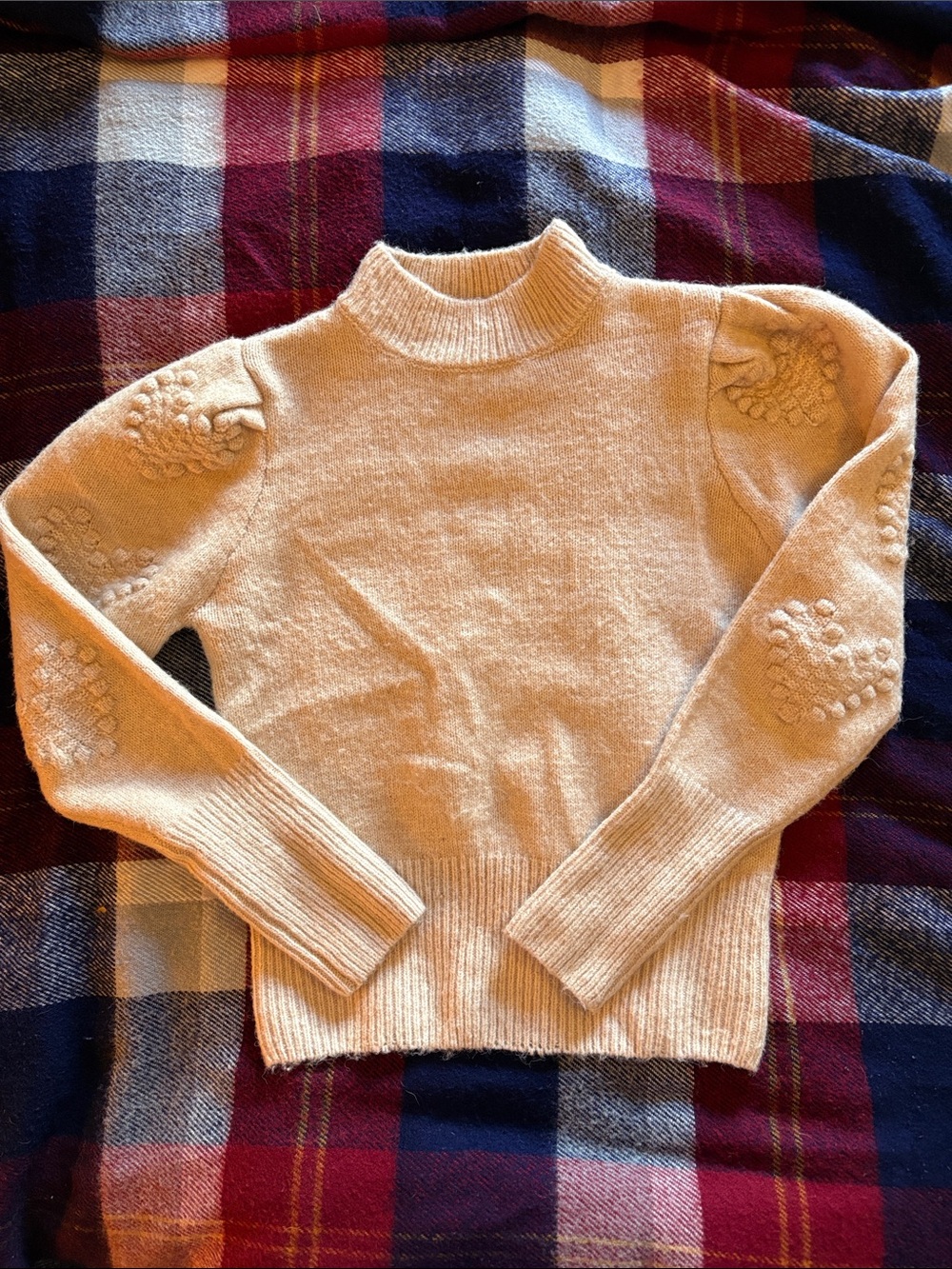 VENUS Cream Mock Neck wool blend Sweater with Textured Sleeve Detail